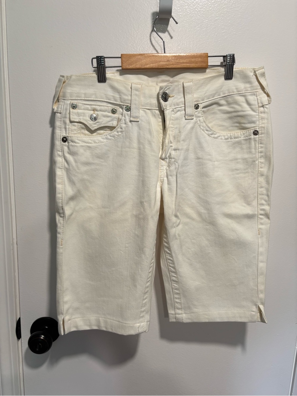 True Religion Cream Denim Shorts with American Flag Patch